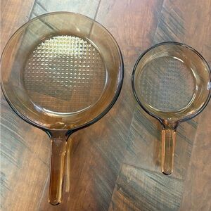 Pyrex Corning Vision Ware Amber 7-inch and 10-inch Skillet Frying Pan Waffle Set